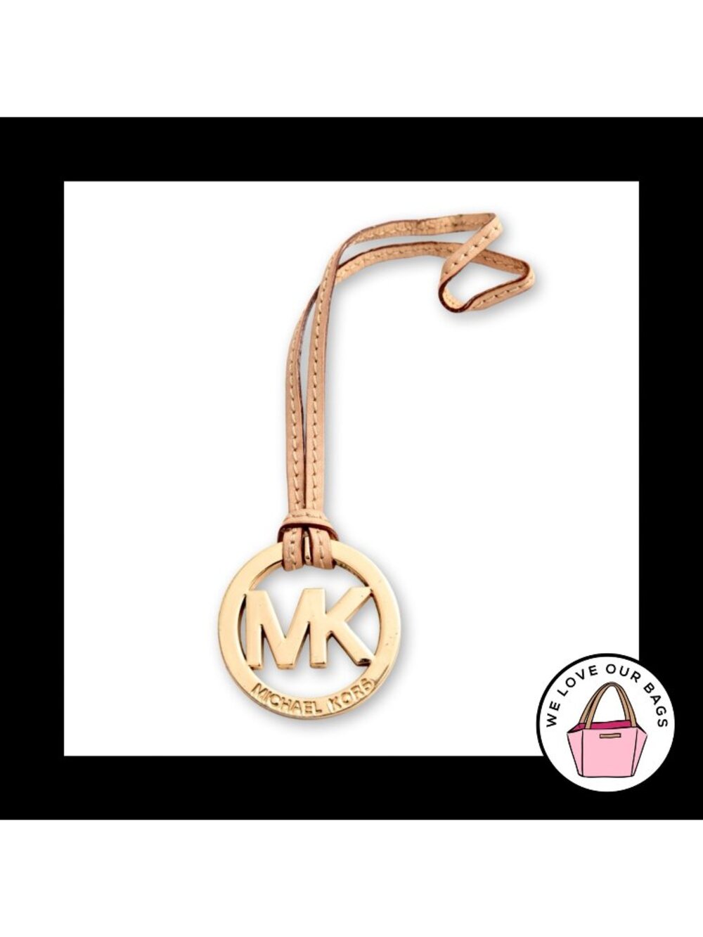 MICHAEL KORS Gold Metal Tan Natural Leather Strap Bag Charm HangTag Keychain Fob